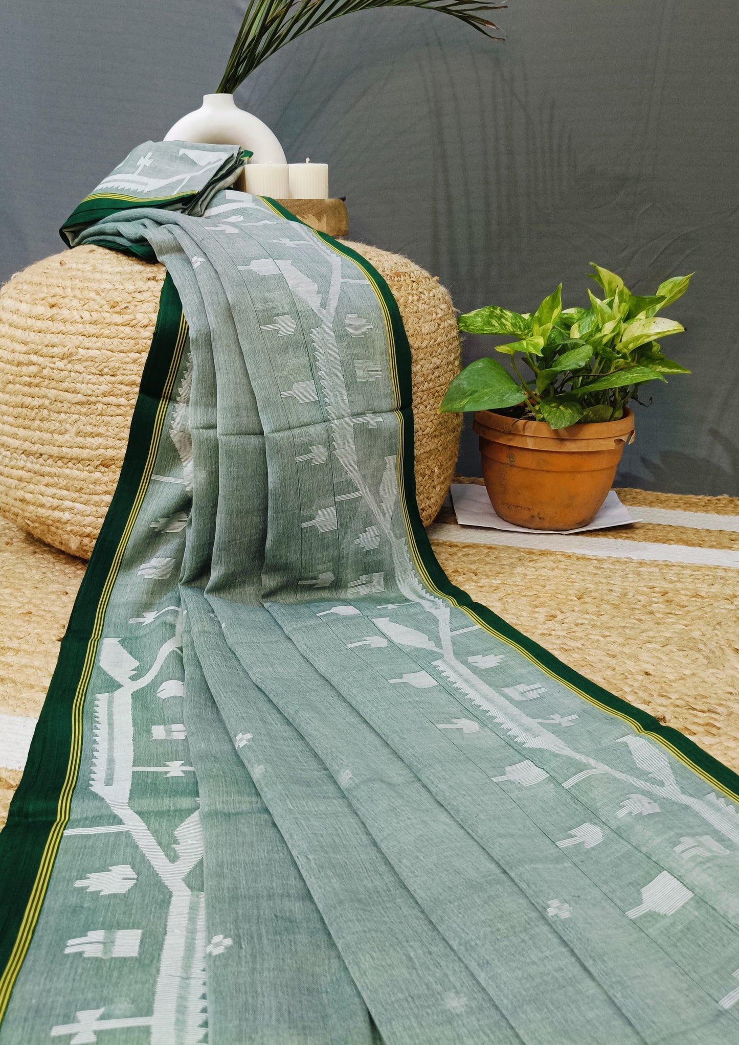 Cotton Jamdani Chir buti Saree- green