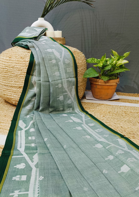 Cotton Jamdani Chir buti Saree- green