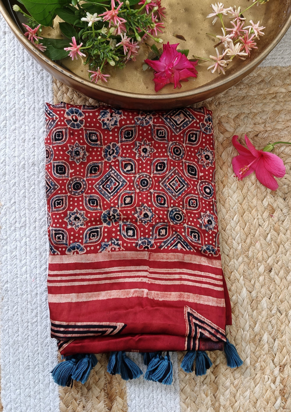 Handblock Printed Ajrakh Modal Stole - S7 - Wefta