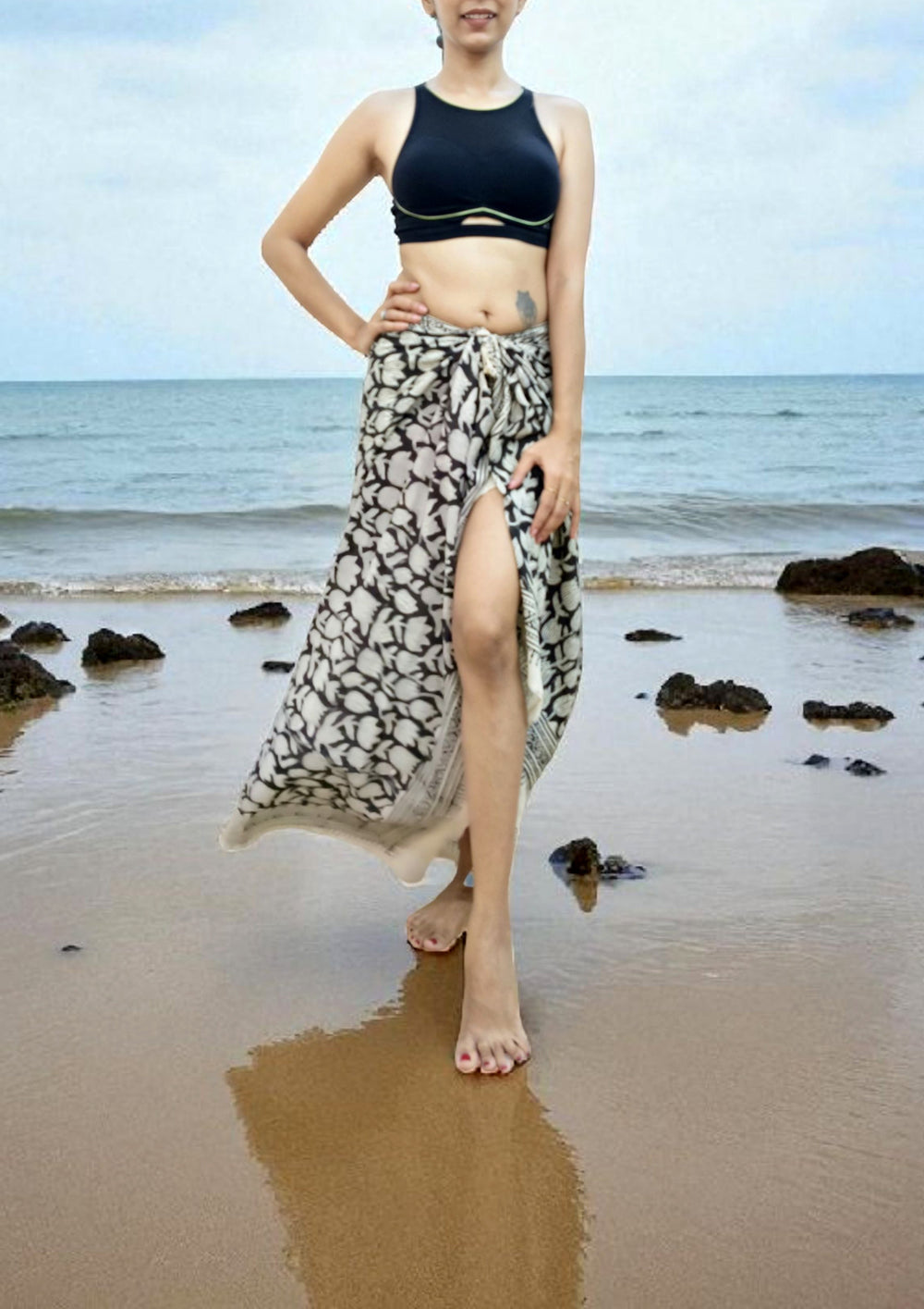 Handblock printed Cotton Bagru Sarong - 01 Black - Wefta
