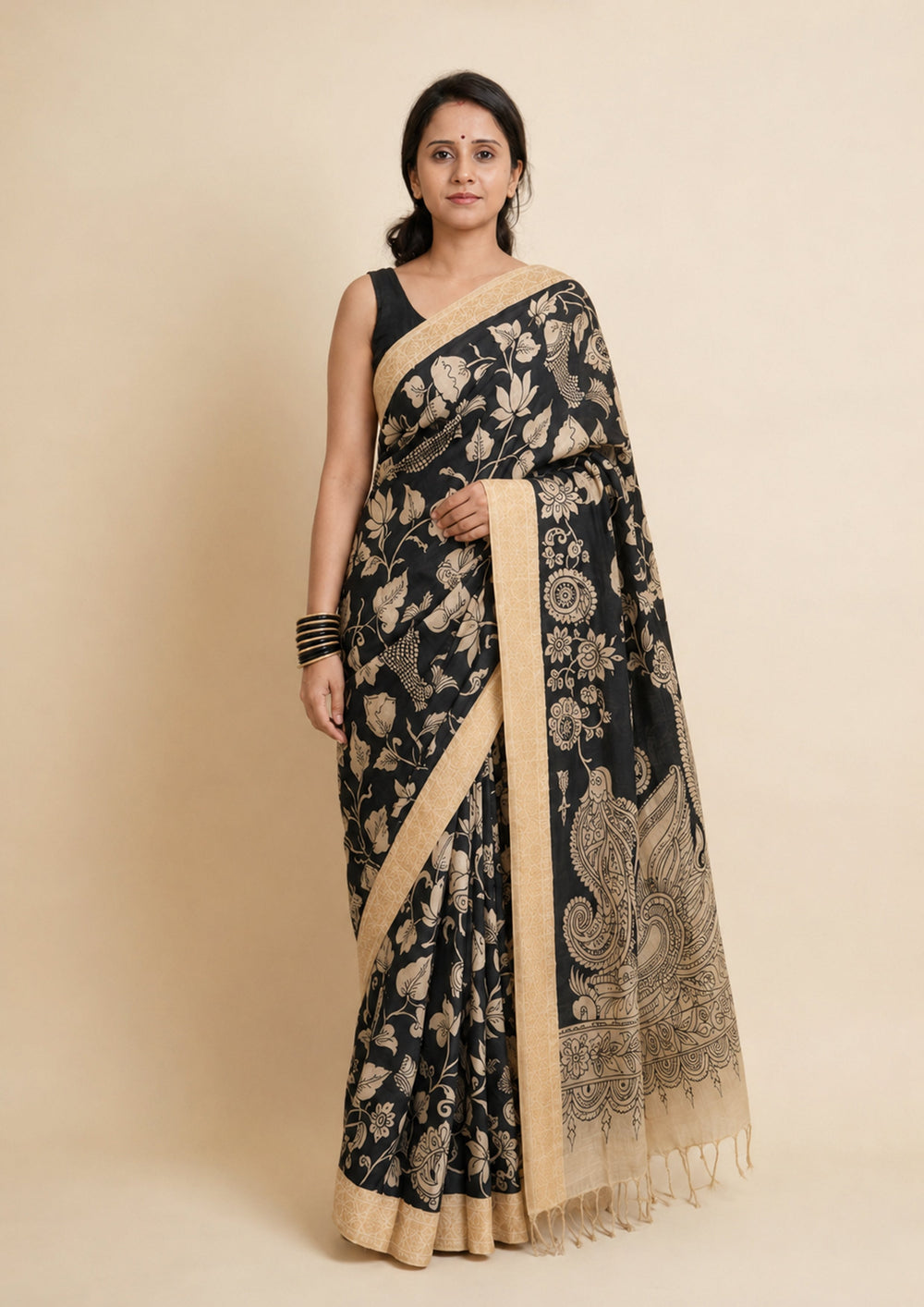 Handpainted Kalamkari Saree Cotton- Black & White HPK5 - Wefta