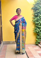 Handpainted Kalamkari Saree Cotton - Blue & Yellow KS2 - Wefta
