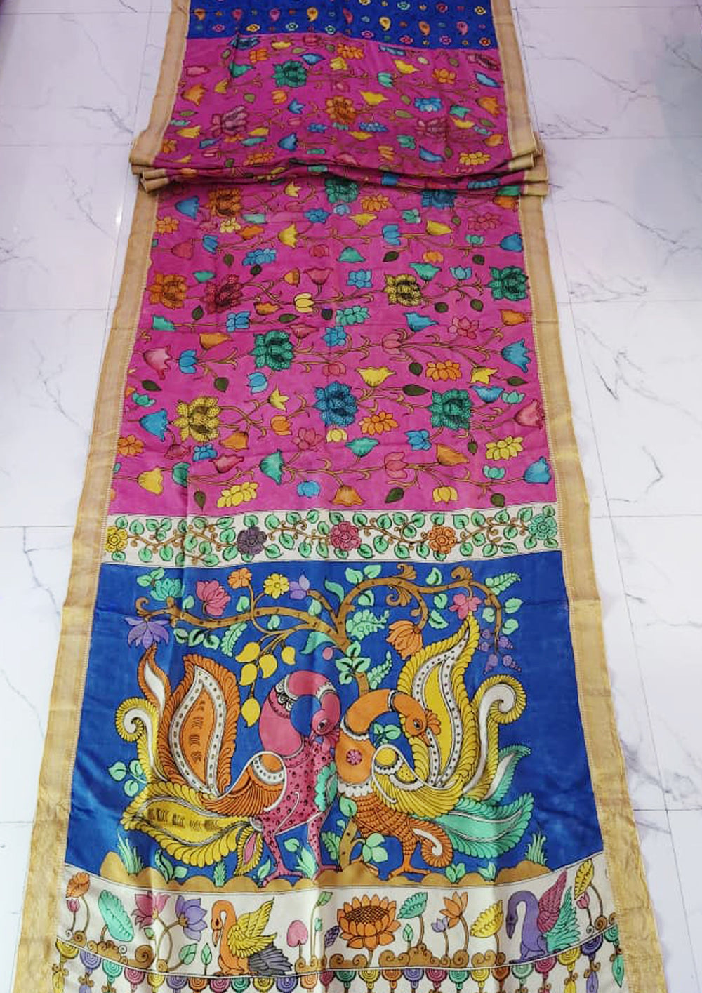 Handpainted Kalamkari Saree Cotton - Pink & Blue - Wefta