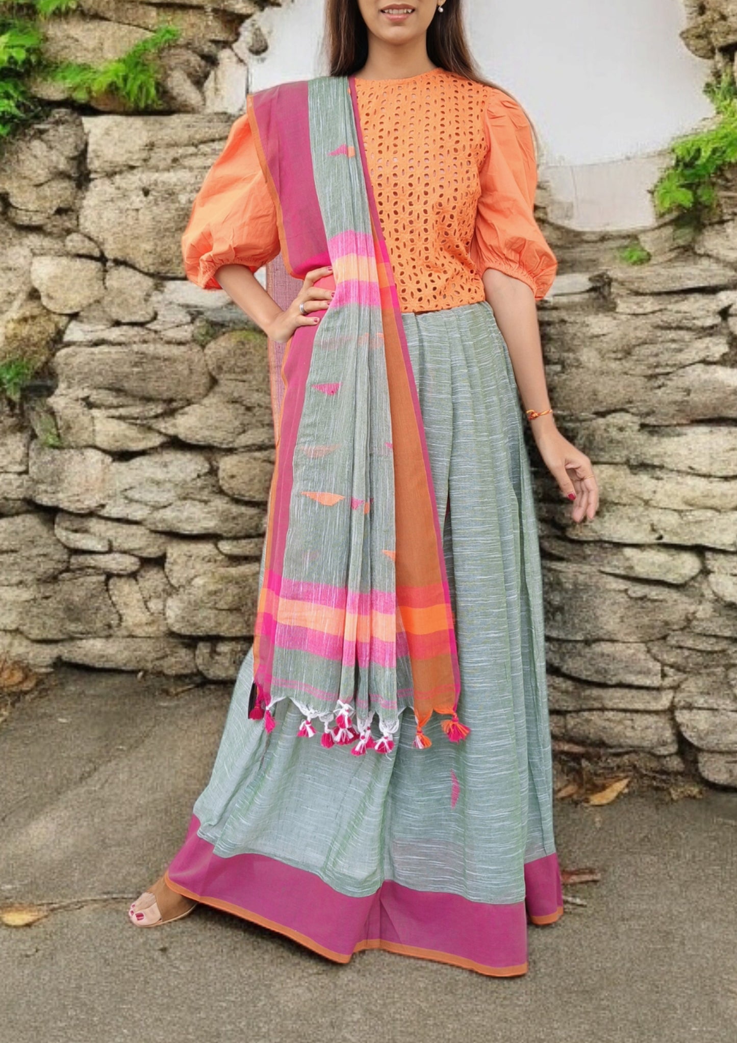 Khadi Linen Saree- Green