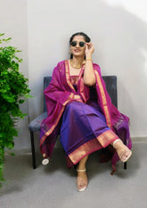 Maheshwari Silk Suit Set - Buti Purple - Wefta