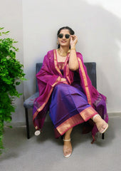 Maheshwari Silk Suit Set - Buti Purple - Wefta