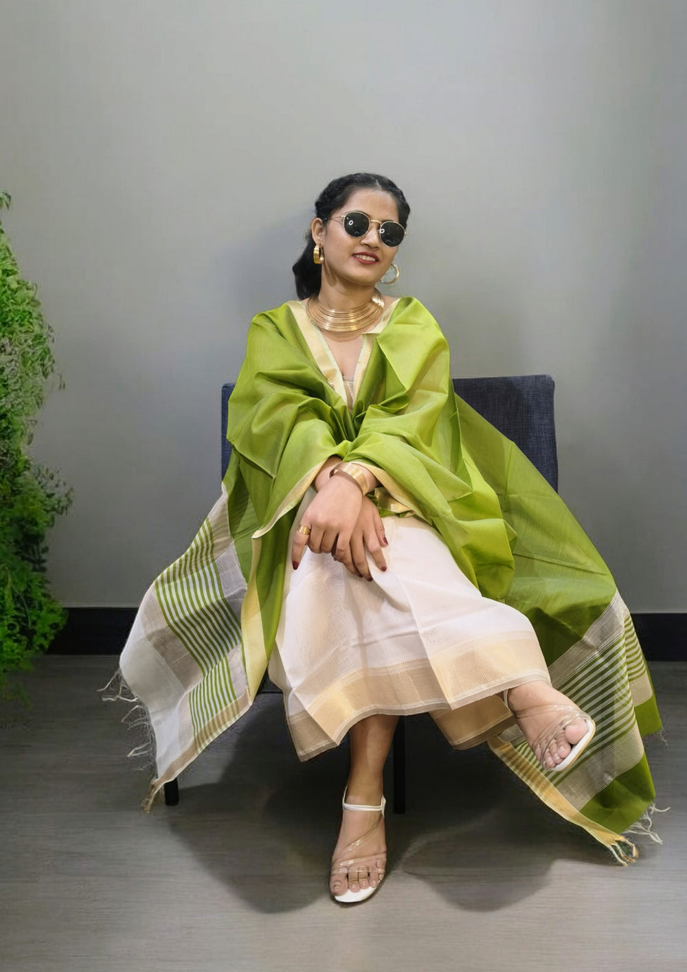 Maheshwari Silk Suit Set- Han Green - Wefta