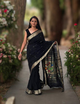 Paithani Cotton Saree- Black - Wefta