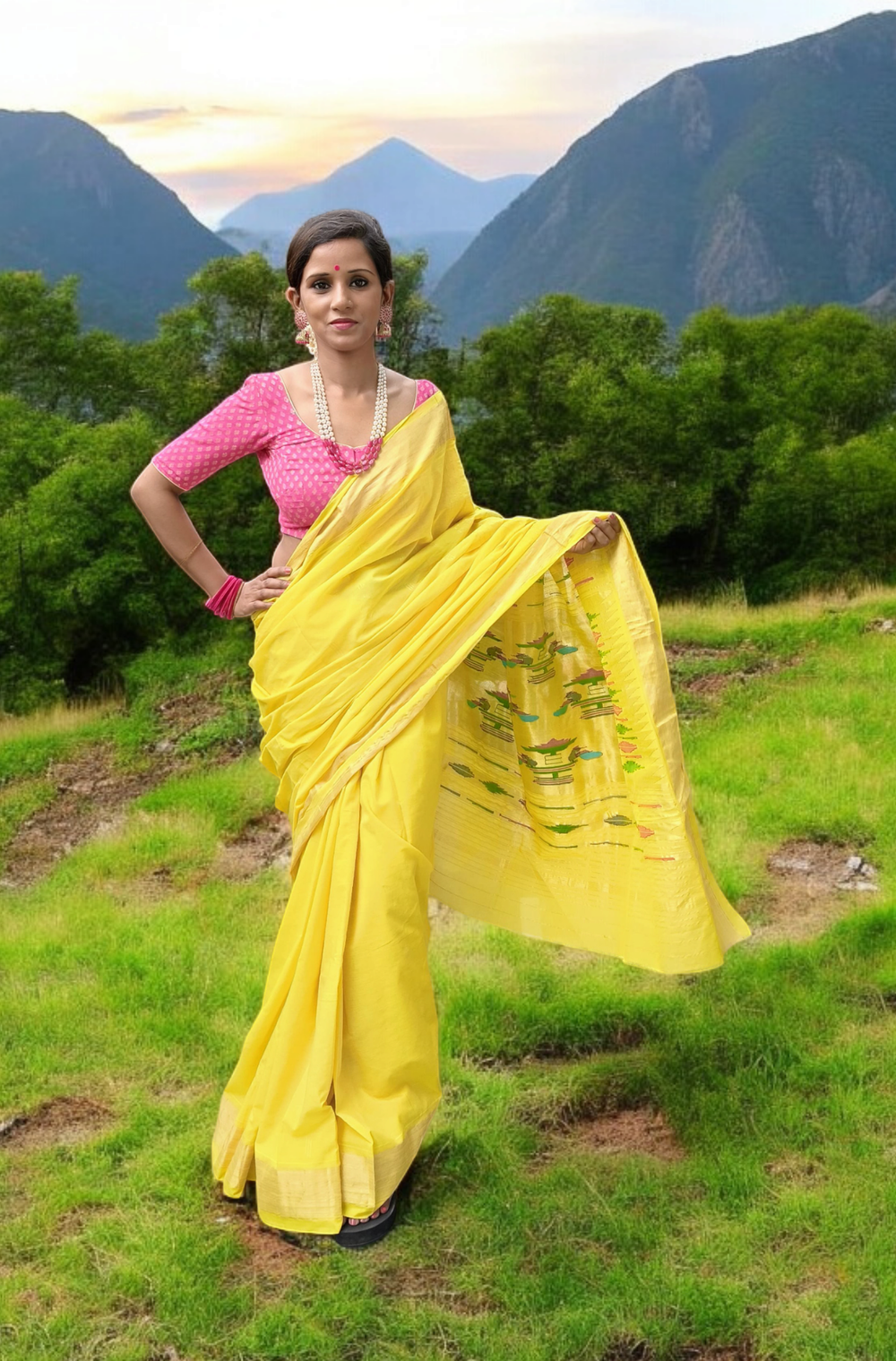 Paithani Cotton Saree - Yellow - Wefta