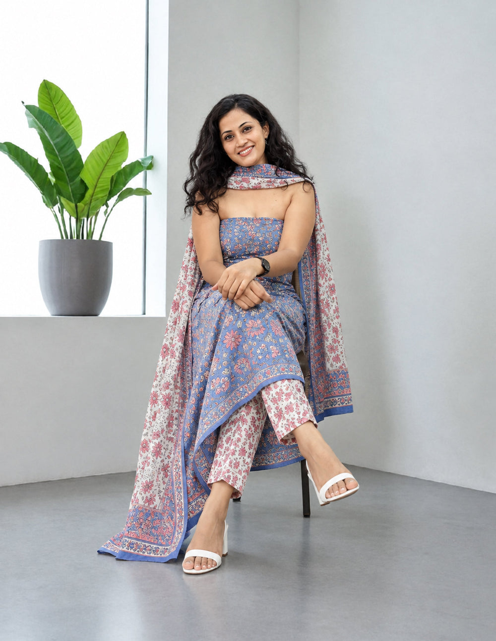 Printed Linen Suit Set- Blue Pink PL07 - Wefta