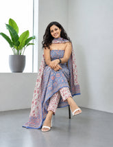 Printed Linen Suit Set- Blue Pink PL07 - Wefta