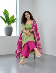 Printed Linen Suit Set- Pink Green PL03 - Wefta