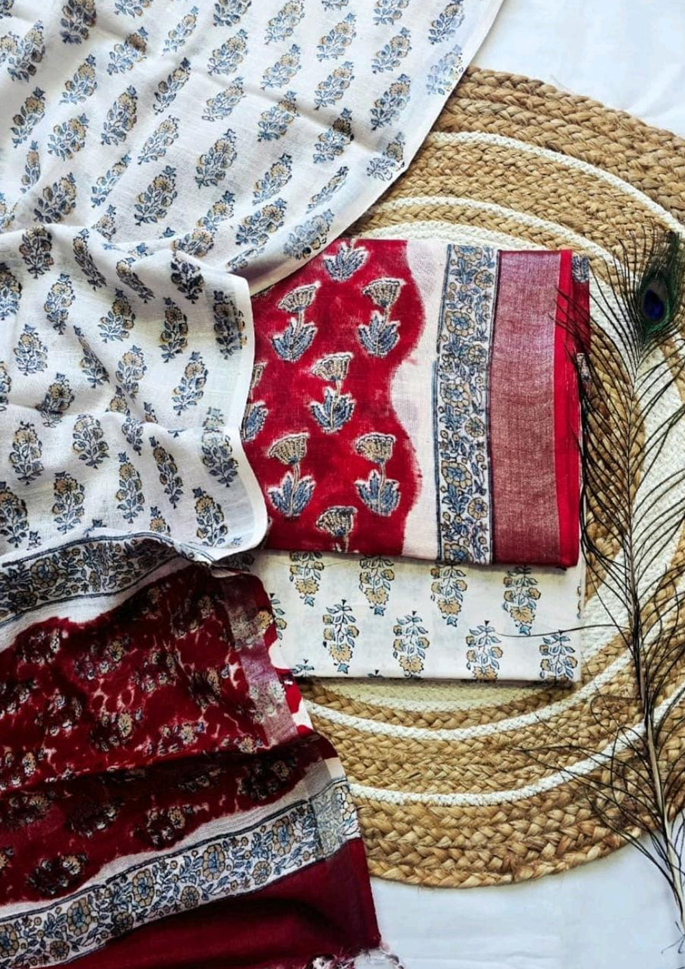 Printed Linen Suit Set- Red PL09 - Wefta