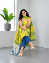 Printed Linen Suit Set- Yellow Blue PL02 - Wefta