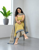 Printed Linen Suit Set- Yellow White PL08 - Wefta