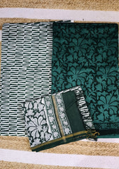 Sanganeri Chanderi Suit- Dark Green - Wefta