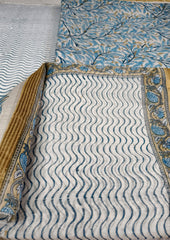 Sanganeri Chanderi Suit - White Blue - Wefta