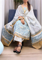 Sanganeri Chanderi Suit - White Blue - Wefta