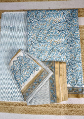Sanganeri Chanderi Suit - White Blue - Wefta