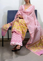 Sanganeri Chanderi Suit- Yellow - Wefta