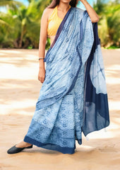Shibori Cotton Mulmul Saree - Indigo 1 - Wefta