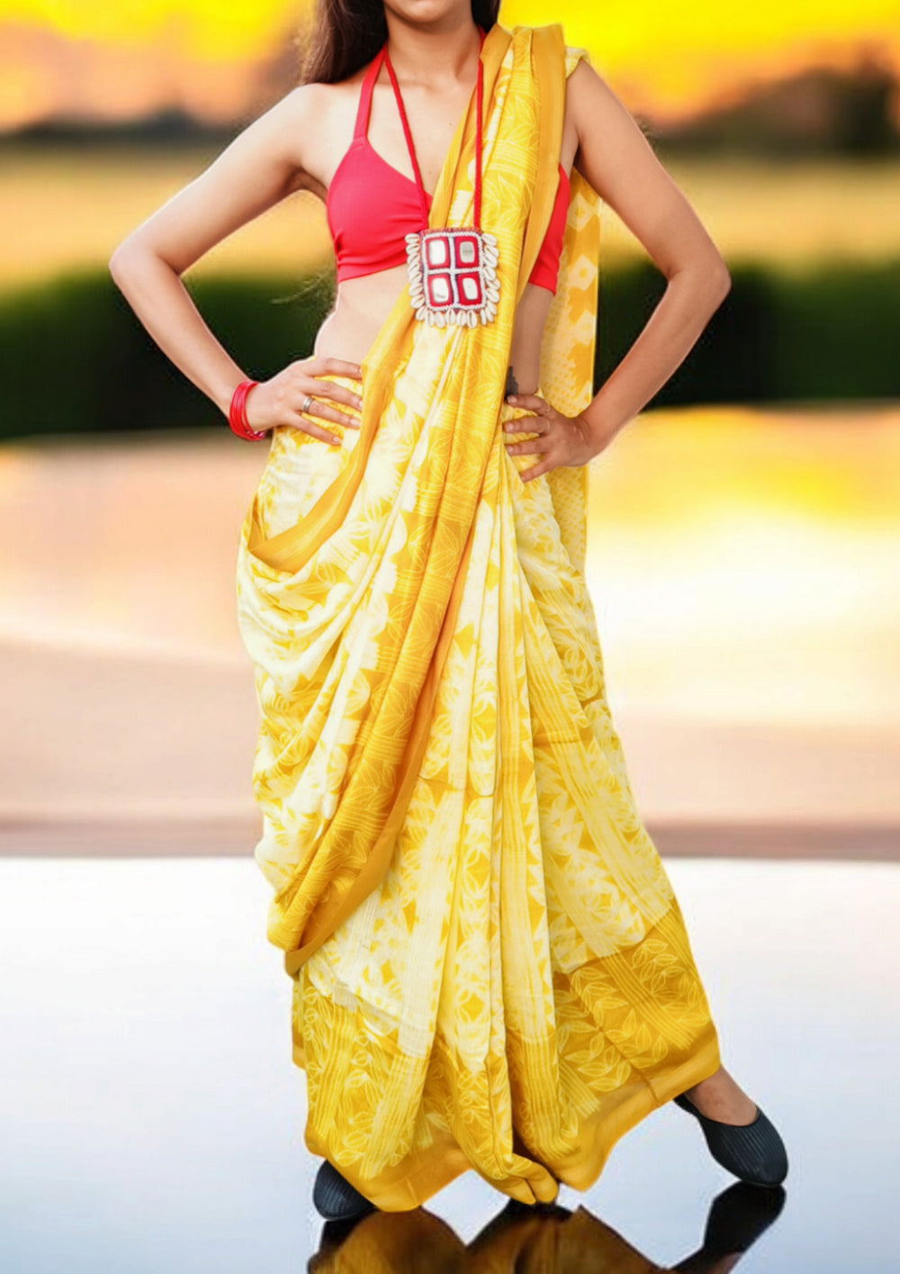 Shibori Maheshwari Saree S1 - Yellow - Wefta