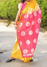 Shibori Maheshwari Saree S6- Yellow /Pink - Wefta