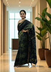 Shibori Maheshwari Saree S9 - Black/ Green - Wefta