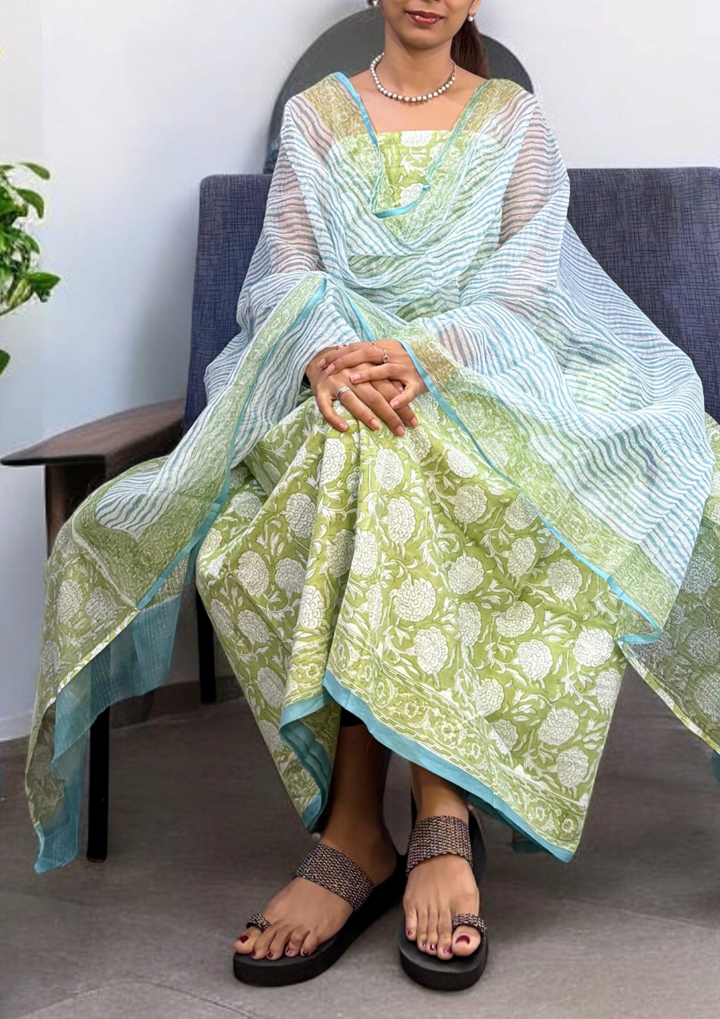 Sanganeri Cotton Kota Suit- Blue Green