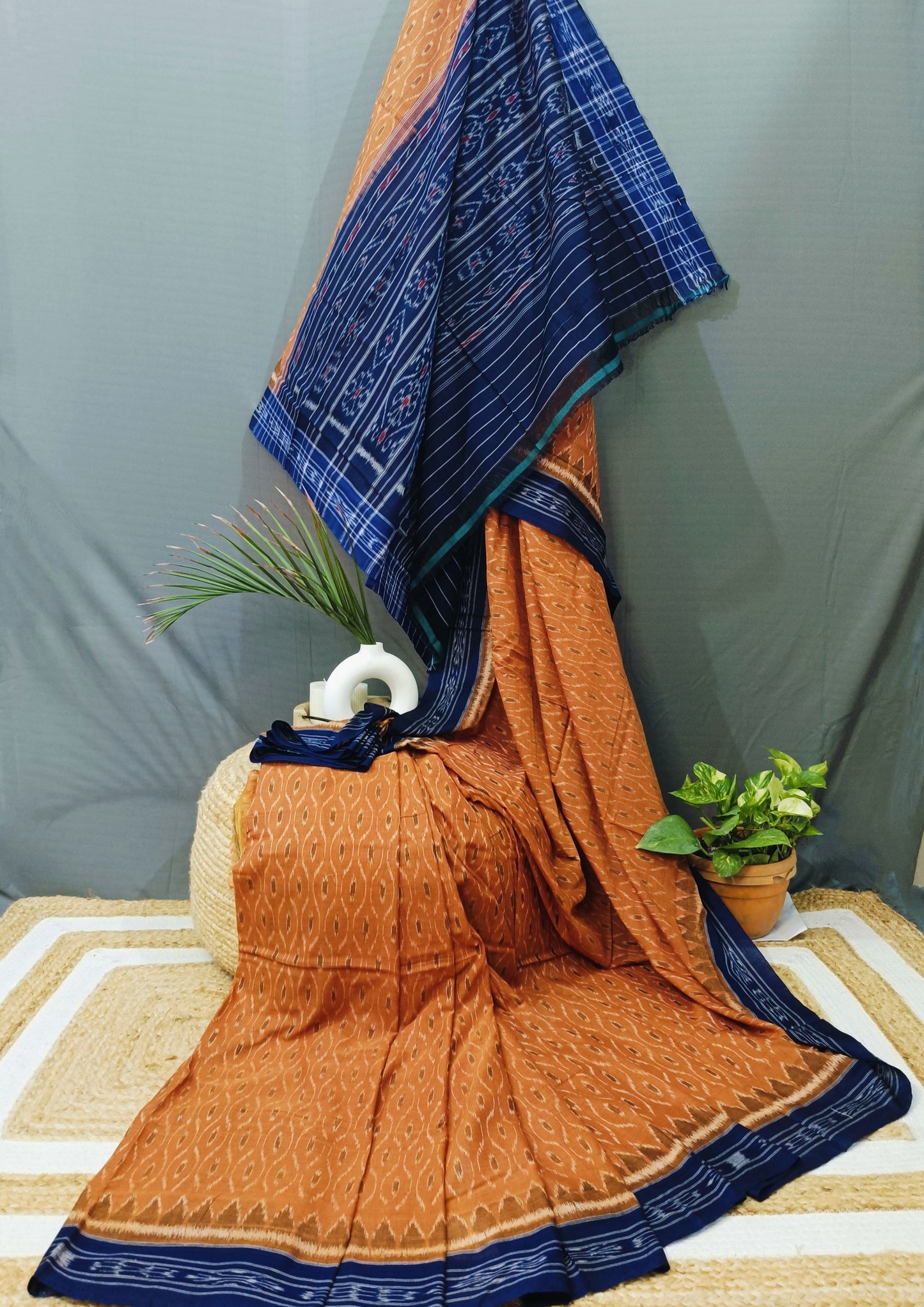 Khadi Ikat Cotton Saree- Yellow Blue