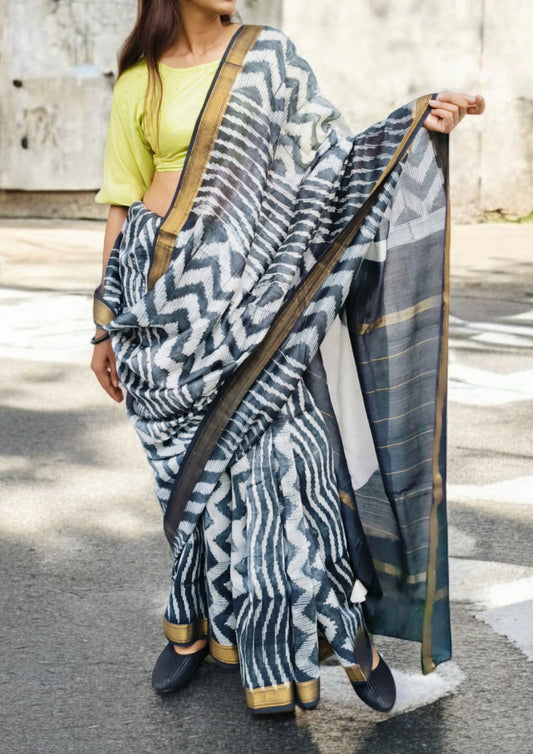 Shibori Maheshwari Saree S2- Black