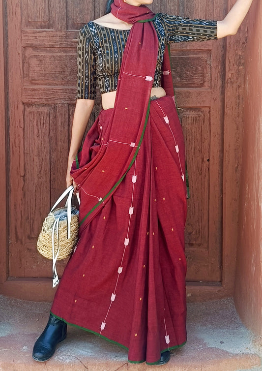 Cotton Jamdani Arrow Buti Saree- Maroon