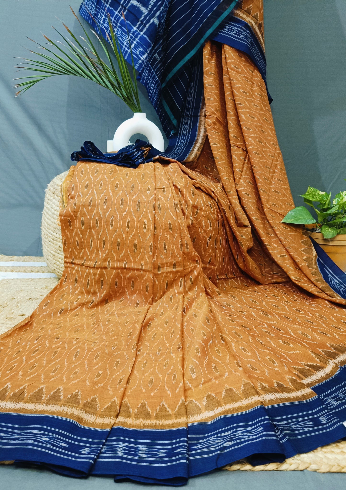 Khadi Ikat Cotton Saree- Yellow Blue