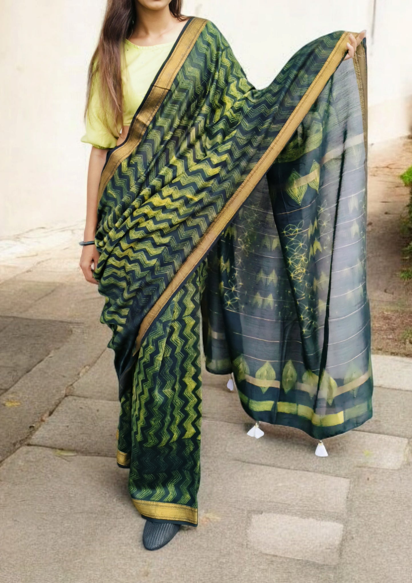 Shibori Maheshwari Saree S7- Green
