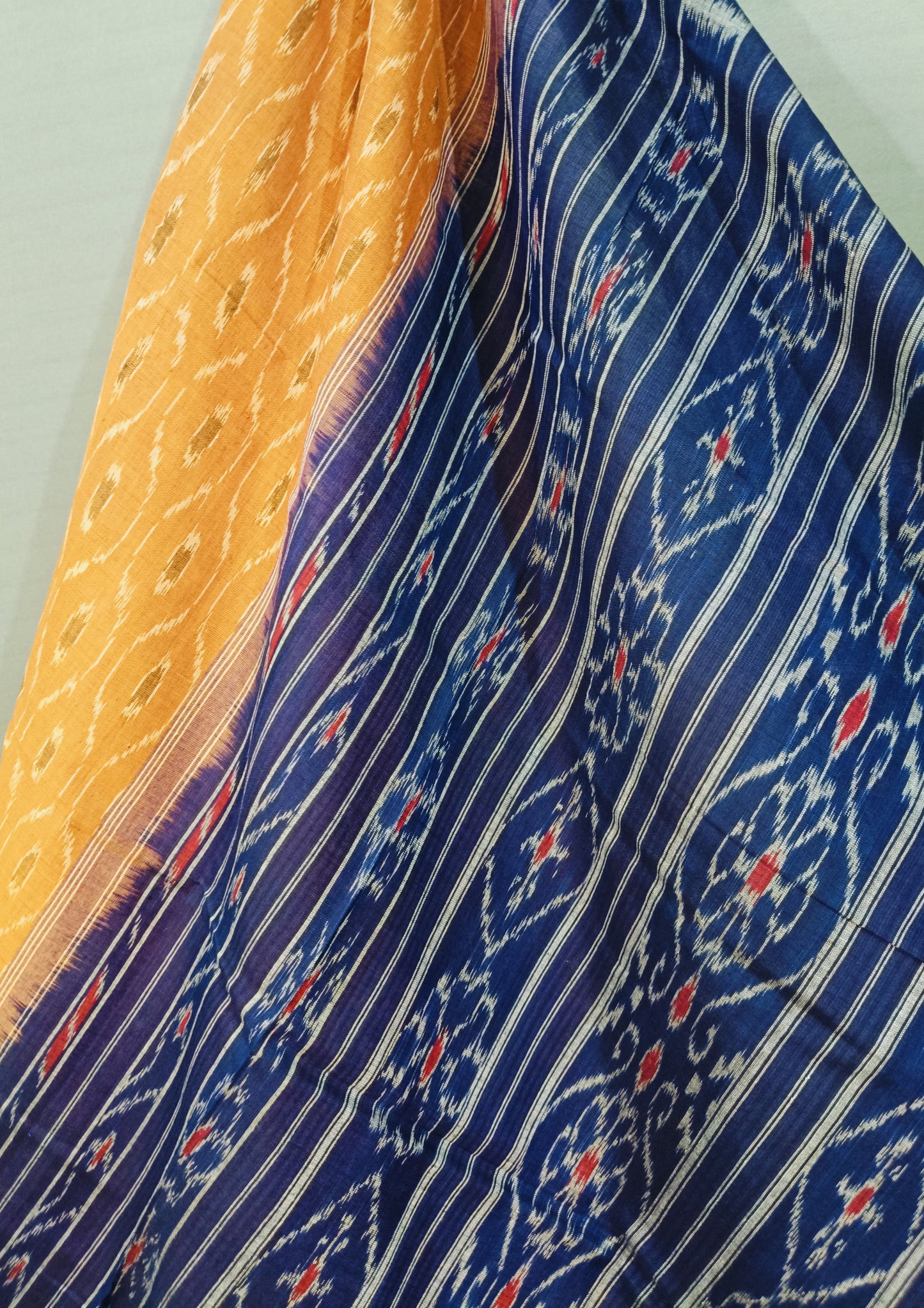 Khadi Ikat Cotton Saree- Yellow Blue