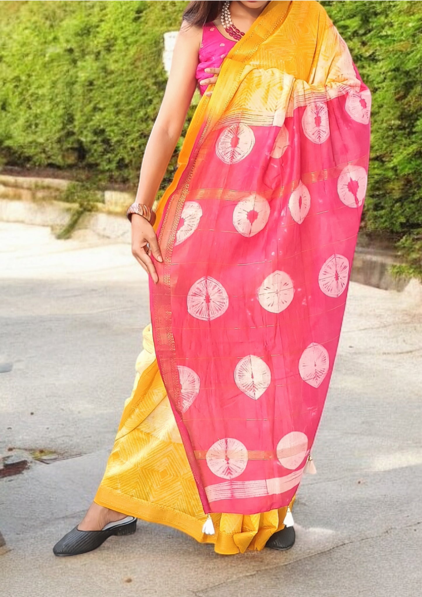 Shibori Maheshwari Saree S6- Yellow /Pink