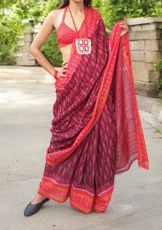 Khadi Ikat Cotton Saree- Red Wine