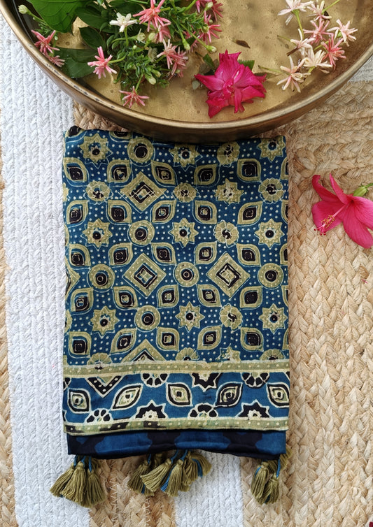 Handblock Printed Ajrakh Modal Stole- S10
