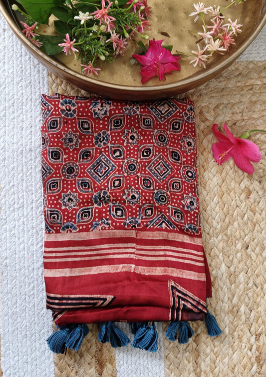 Handblock Printed Ajrakh Modal Stole- S7