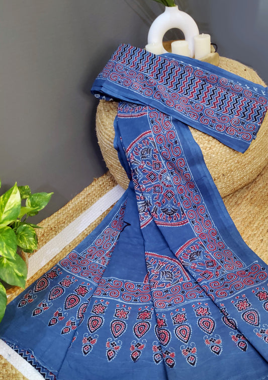 Ajrakh Handblock Printed Cotton Mulmul Saree- Mco4 Blue