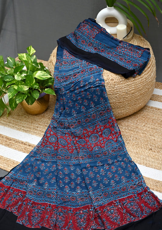 Ajrakh Handblock Printed Modal Saree- M2 Blue