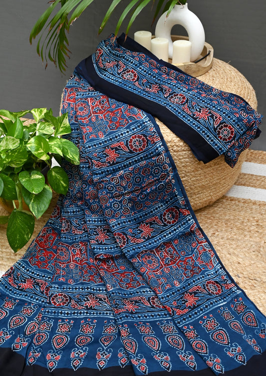 Ajrakh Handblock Printed Modal Saree- M5 Blue