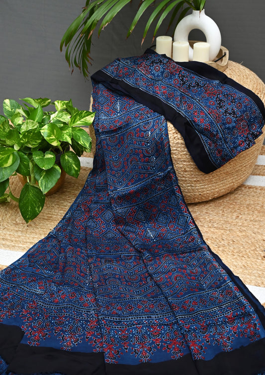 Ajrakh Handblock Printed Modal Saree- M6 Blue