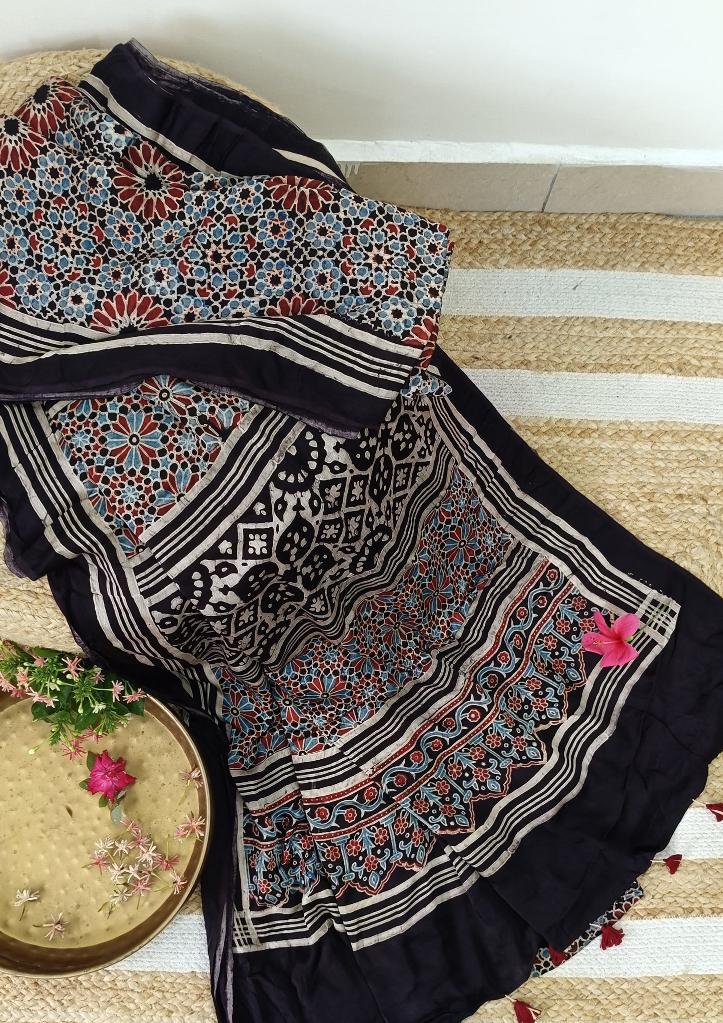 Ajrakh Handblock Printed Modal Saree-  M14 Black