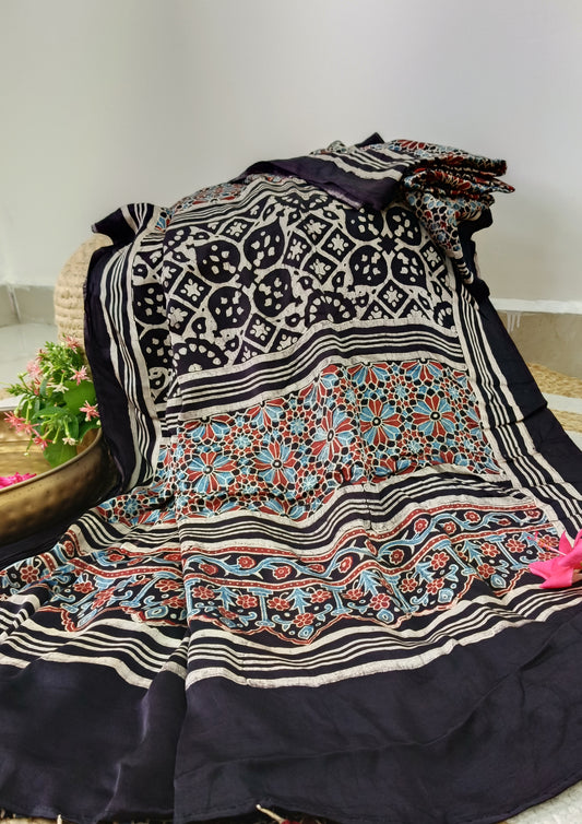 Ajrakh Handblock Printed Modal Saree-  M14 Black