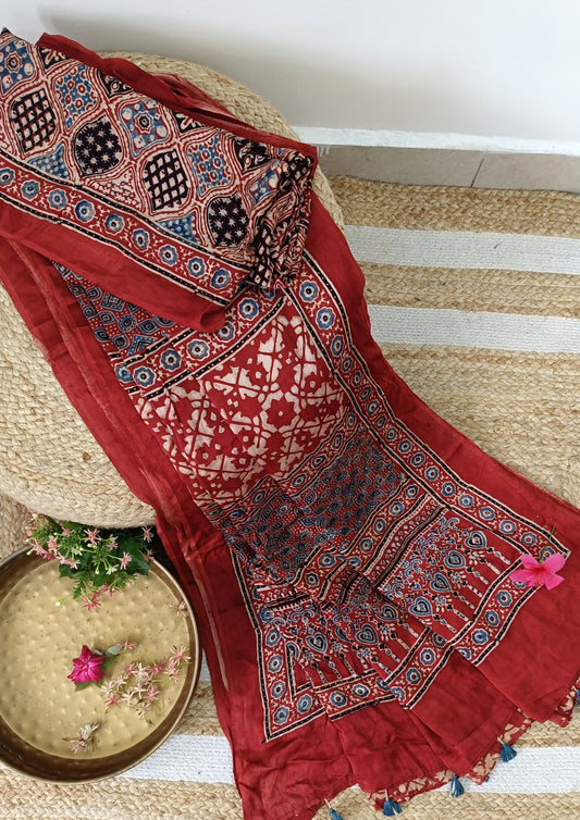 Ajrakh Handblock Printed Modal Saree- M15 Red