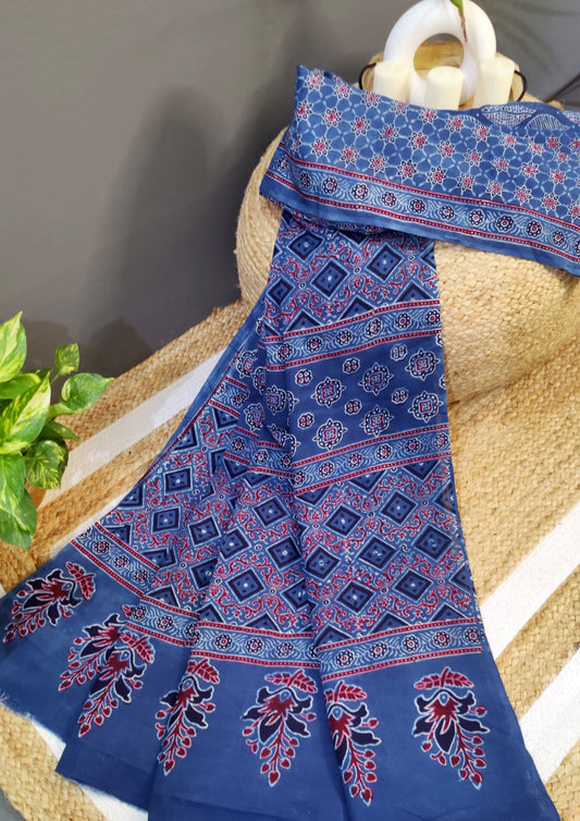 Ajrakh Handblock Printed Cotton Mulmul Saree- Mco1 Blue