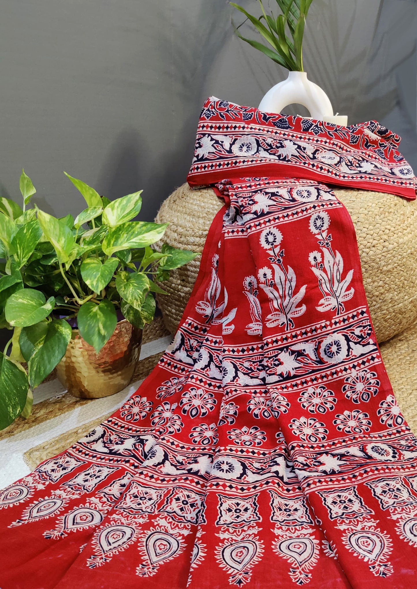 Ajrakh Handblock Printed Cotton Mulmul Saree- Mco2 Red