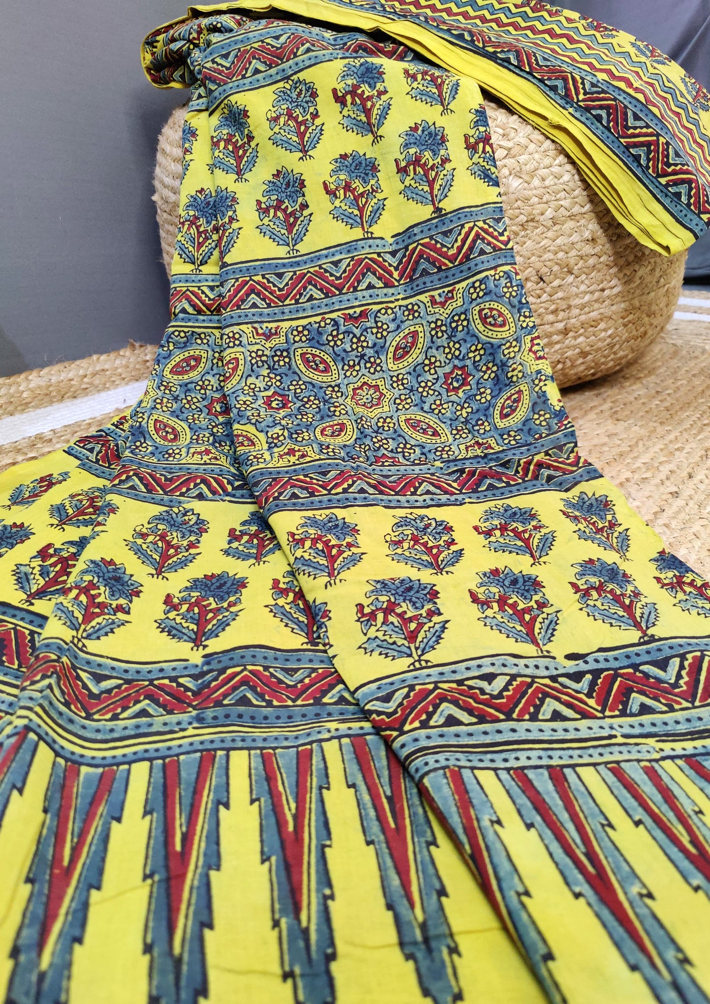 Ajrakh Handblock Printed Cotton Mulmul Saree- Mco3 Yellow