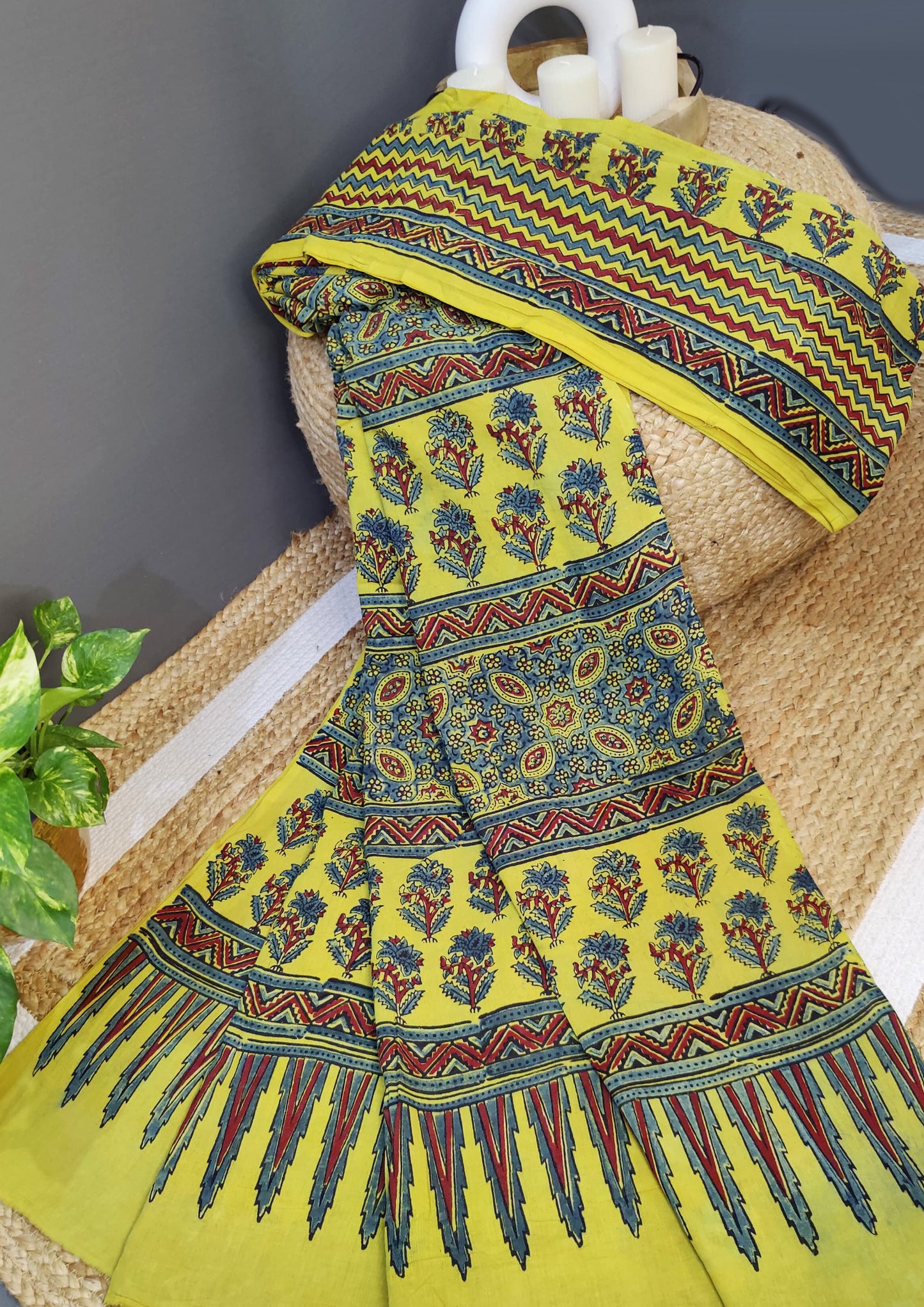 Ajrakh Handblock Printed Cotton Mulmul Saree- Mco3 Yellow